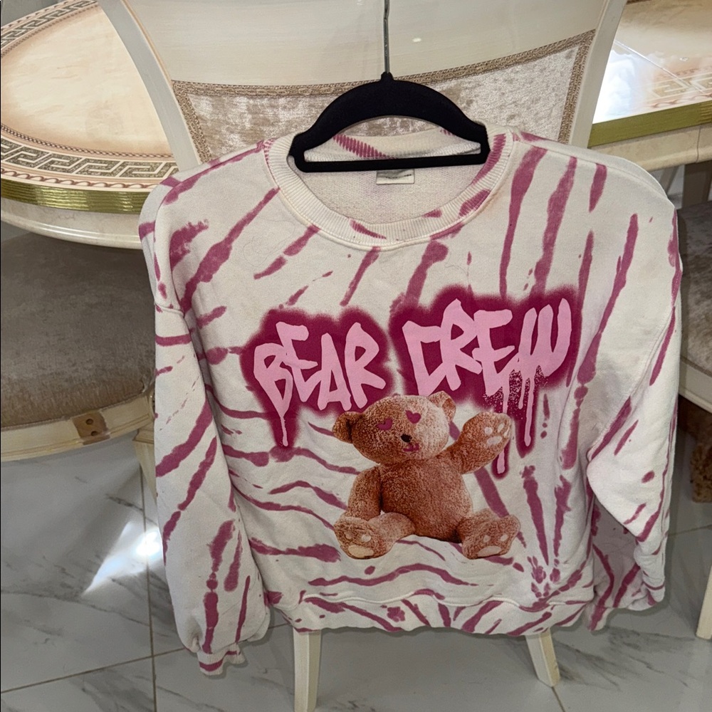 Zara Pink and White Bear Crew Sweater